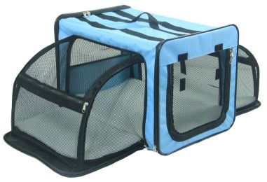 Pet Life Capacious Dual-Expandable Wire Folding Lightweight Collapsible Travel Pet Dog Crate (Color: Blue)