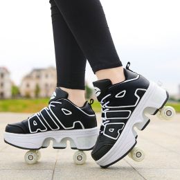 Boys And Girls Double Wheel Row Sneakers Can Be Put Away (Option: 1208Black-39)