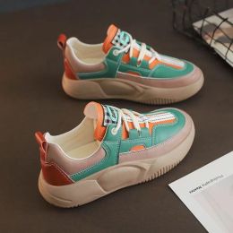 Women's Fashion Thick-soled Leather Stitching Sneakers (Option: Green-39)